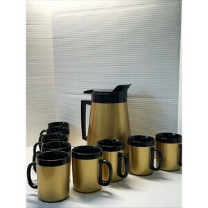 Vintage West Bend Thermo Serv Coffee Carafe Set with 10 Mugs Gold Black 1970’s